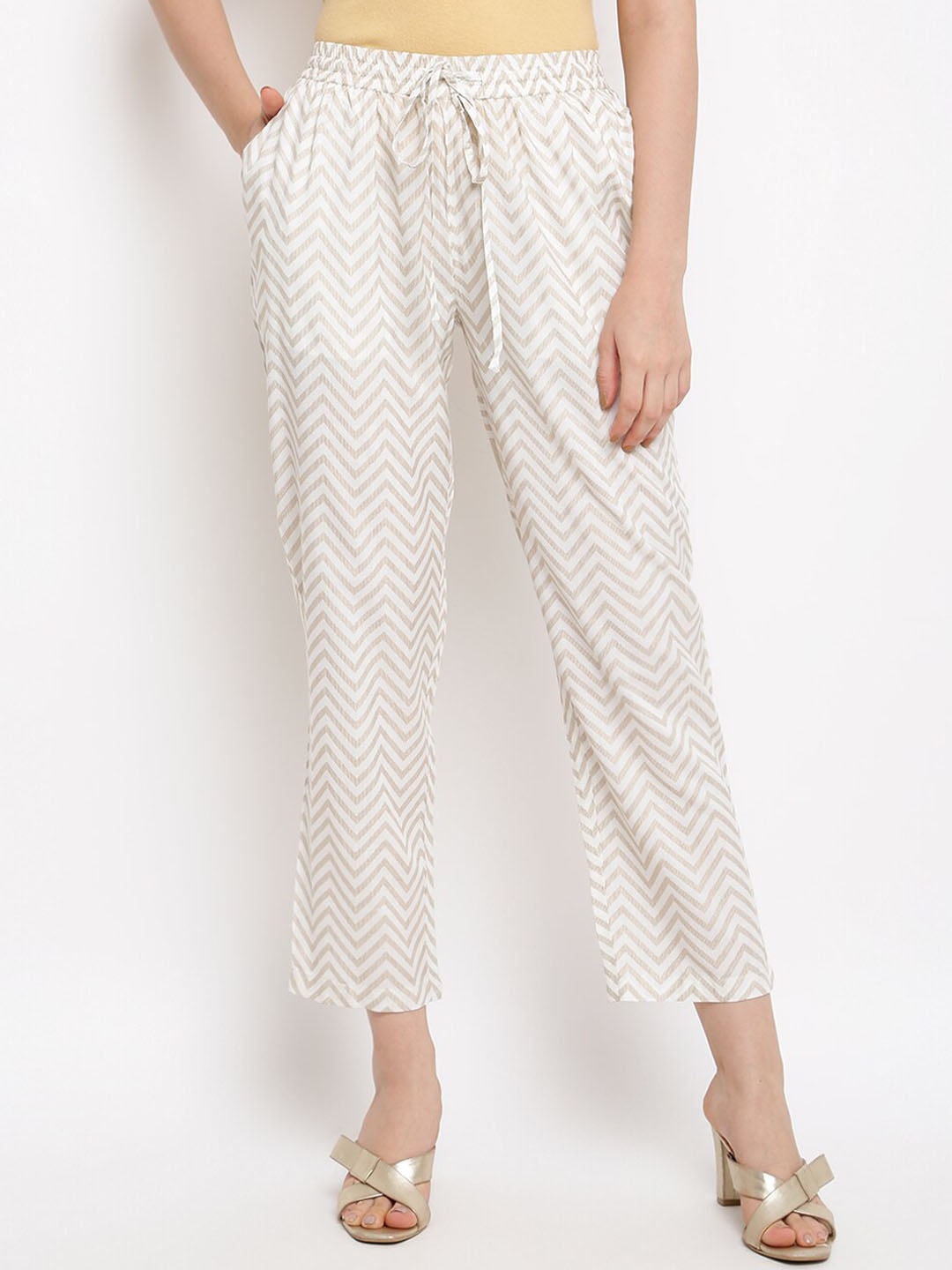 

IMARA Women Geometric Printed Straight Fit Cotton Trousers, Off white