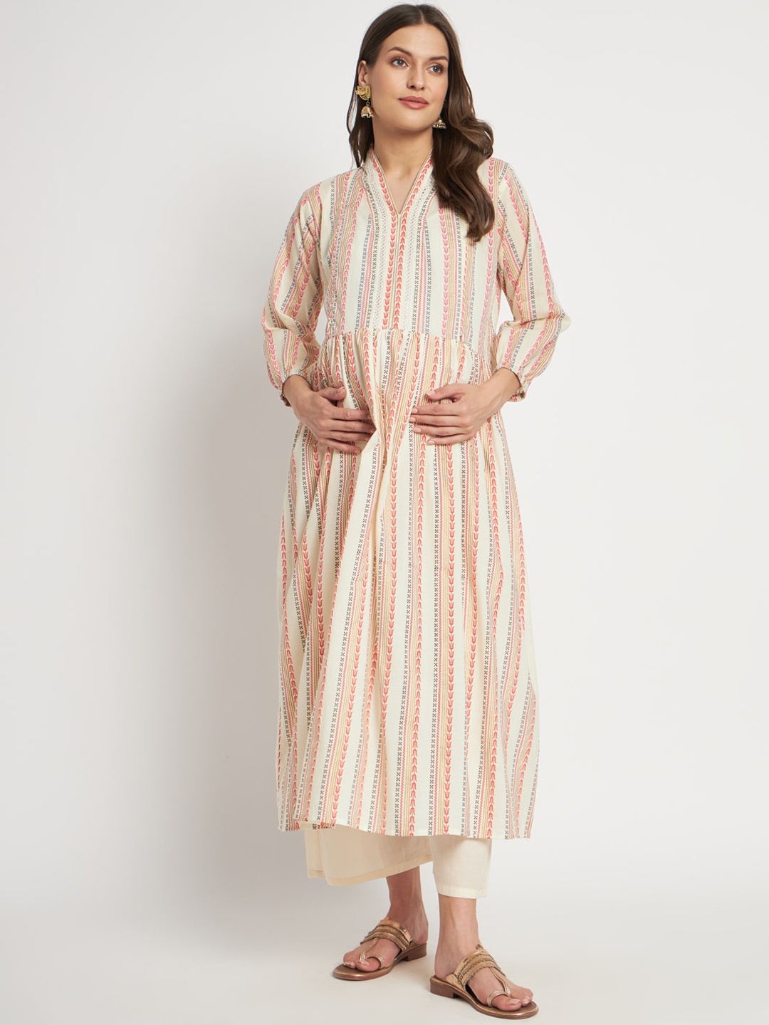 

Aujjessa Striped Pure Cotton Maternity Kurta With Palazzos, Cream