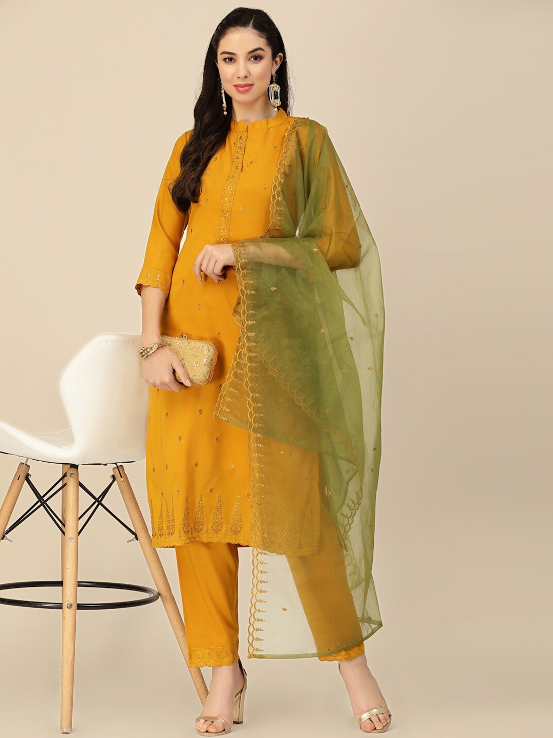 

Sangria Embroidered Sequinned Straight Kurta With Trousers & Dupatta, Mustard