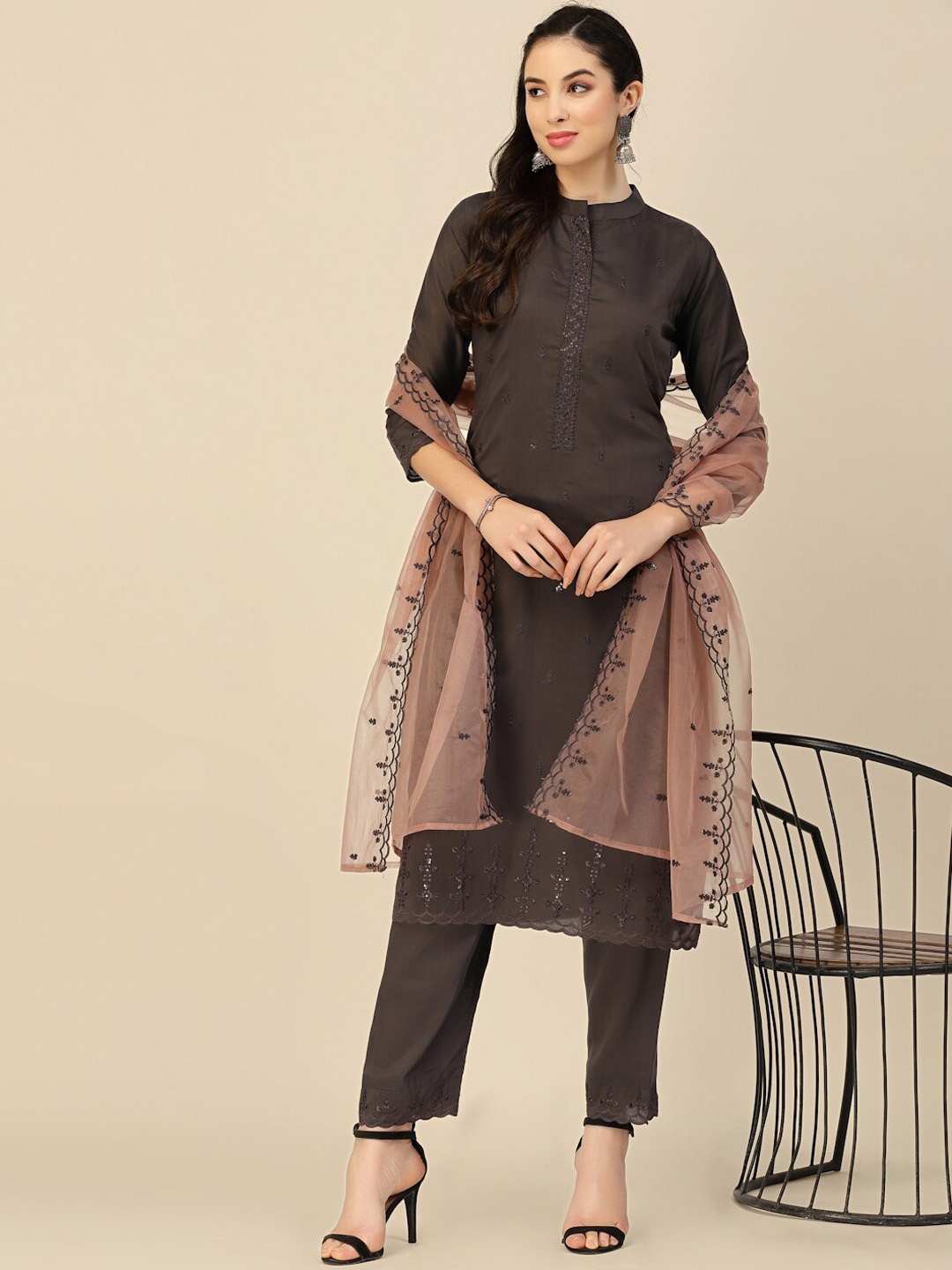 

Sangria Floral Embroidered Straight Kurta With Trousers & Dupatta, Brown