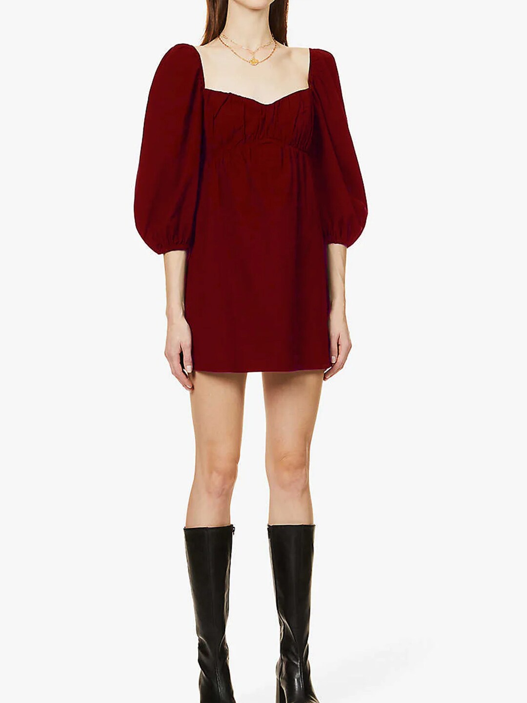 

Styched Puff Sleeve Gathered Cotton A-Line Mini Dress, Maroon