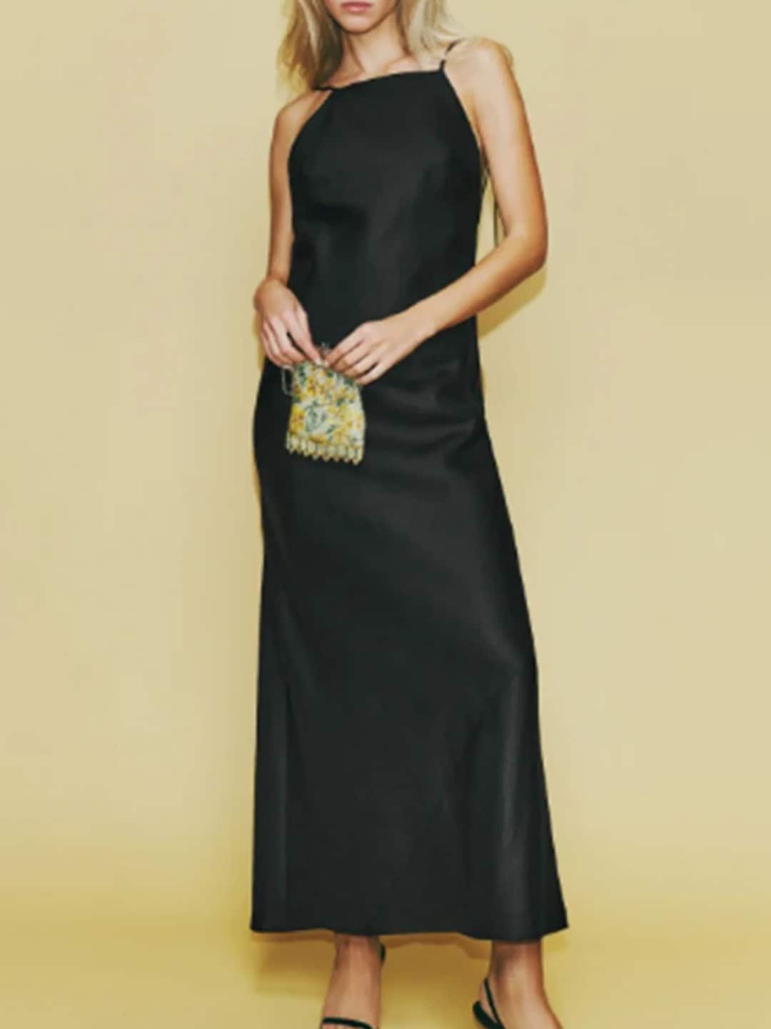 

Styched Shoulder Straps Satin Maxi Dress, Black