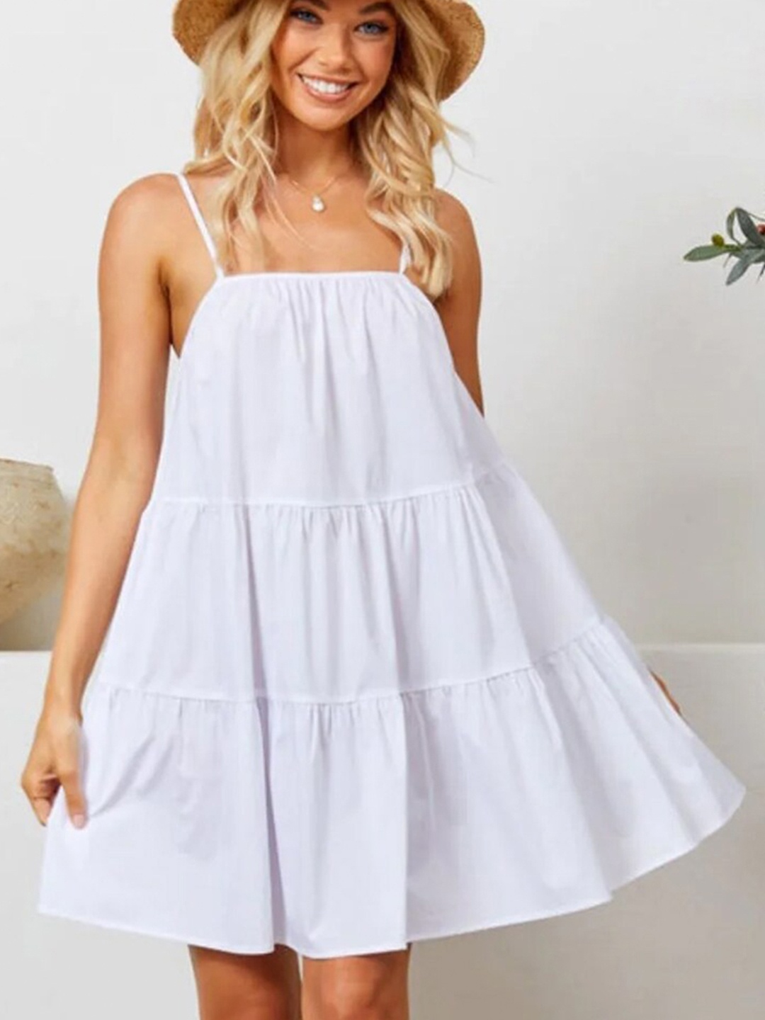 

Styched Shoulder Straps Cotton A Line Tiered Dress, White