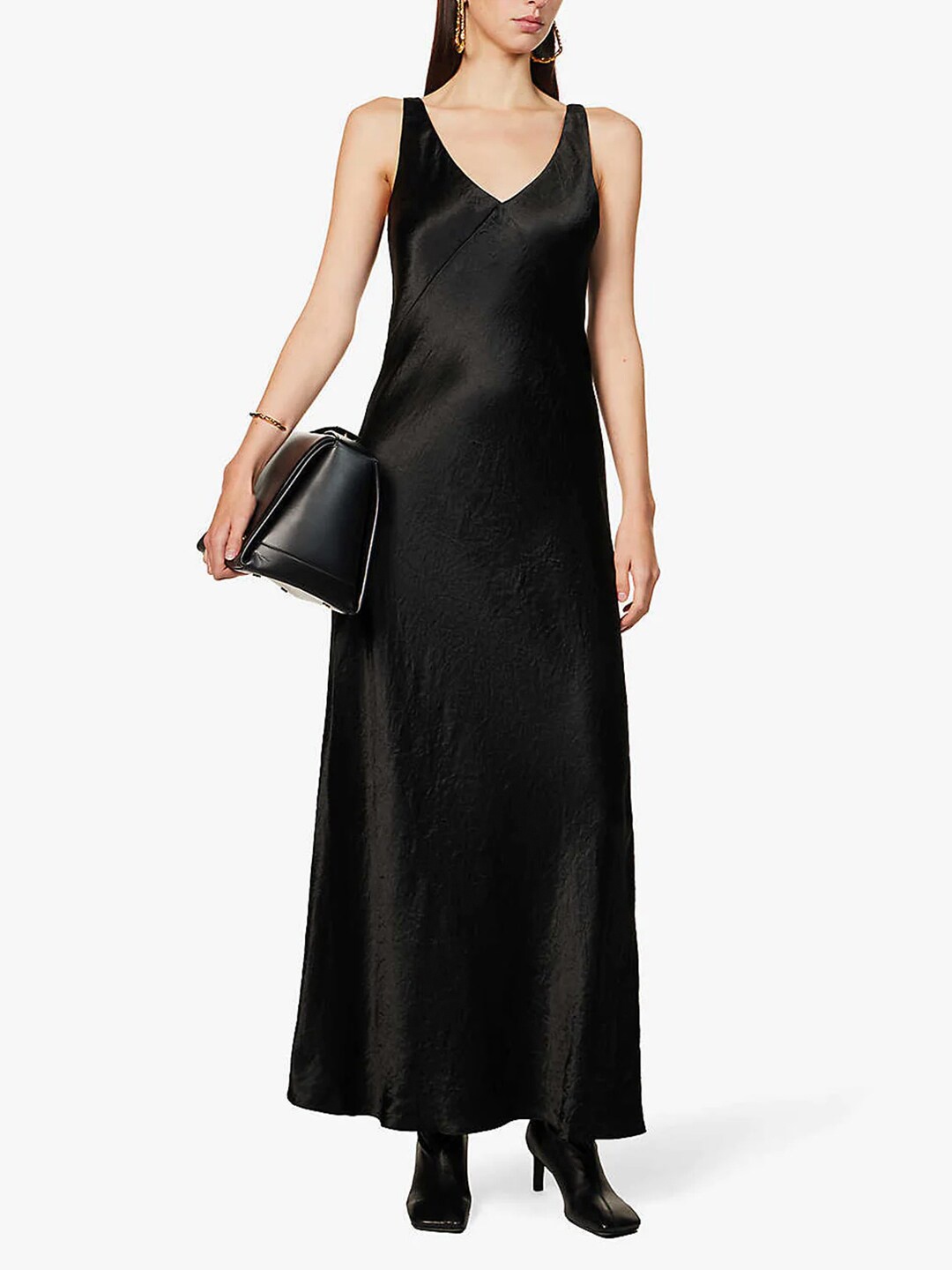 

Styched V-Neck Satin Slip Maxi Dress, Black