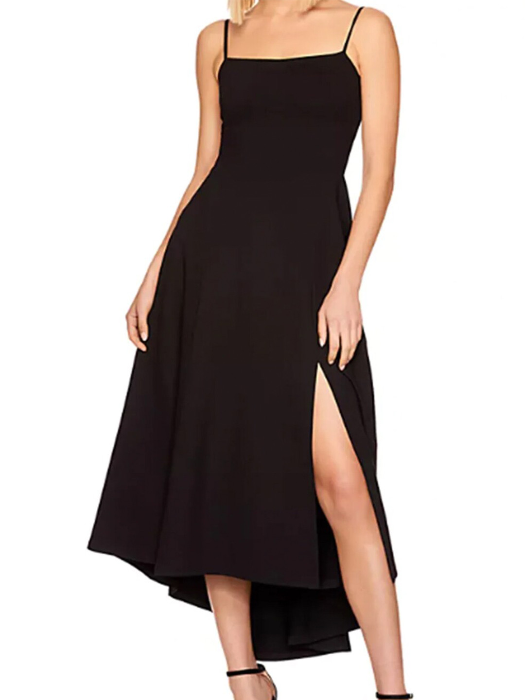 

Styched Shoulder Strap Fit & Flare Midi Dress, Black