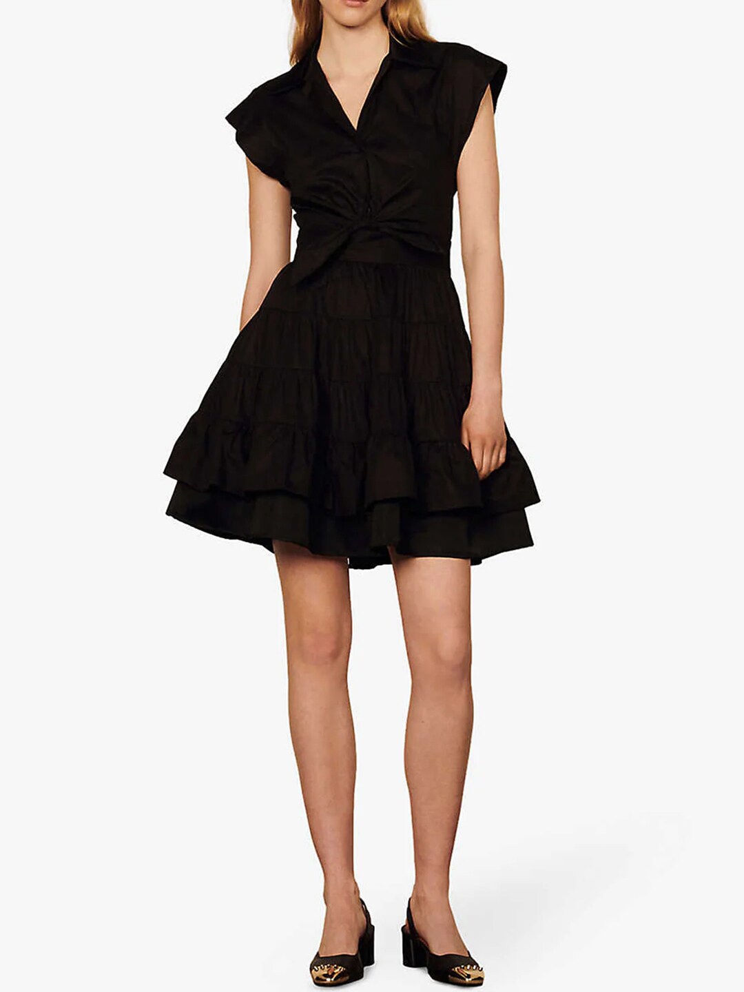 

Styched V-Neck Ruffled Tiered Cotton Fit & Flare Mini Dress, Black