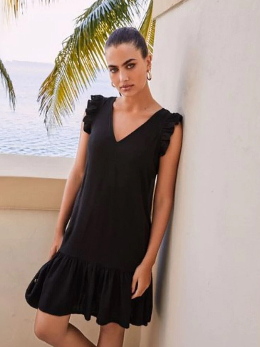 

Styched V-Neck Flutter Sleeve Drop-Waist Dress, Black