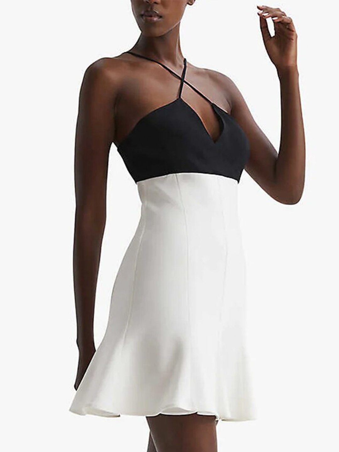 

Styched Colourblock Halter Neck Mini Peplum Dress, White