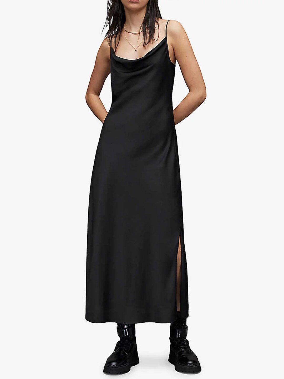 

Styched Shoulder Straps A-Line Midi Dress, Black