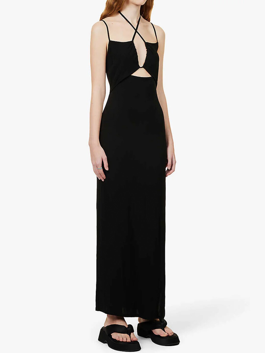 

Styched Cut-Out Halter Neck Spaghetti Strap Maxi Bodycon Dress, Black