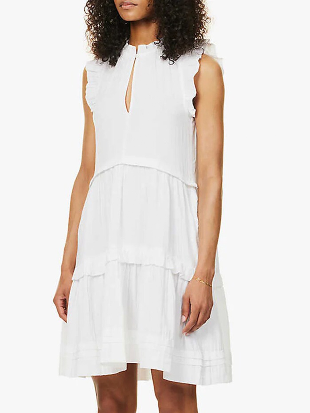 

Styched Mandarin Collar sleeveless Ruffled A-Line Dress, White