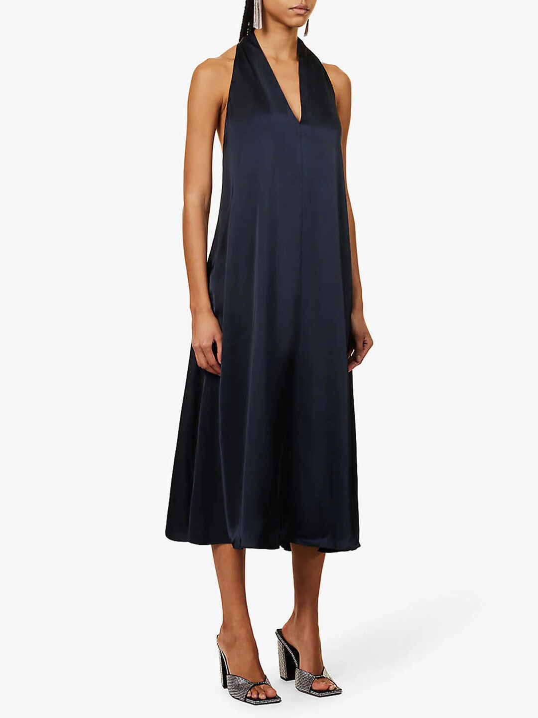

Styched Halter Neck Satin A Line Dress, Navy blue
