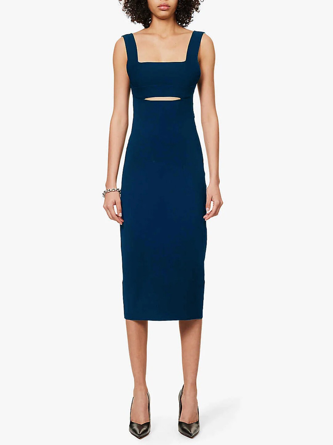 

Styched Square Neck Sleeveless Bodycon Midi Dress, Blue