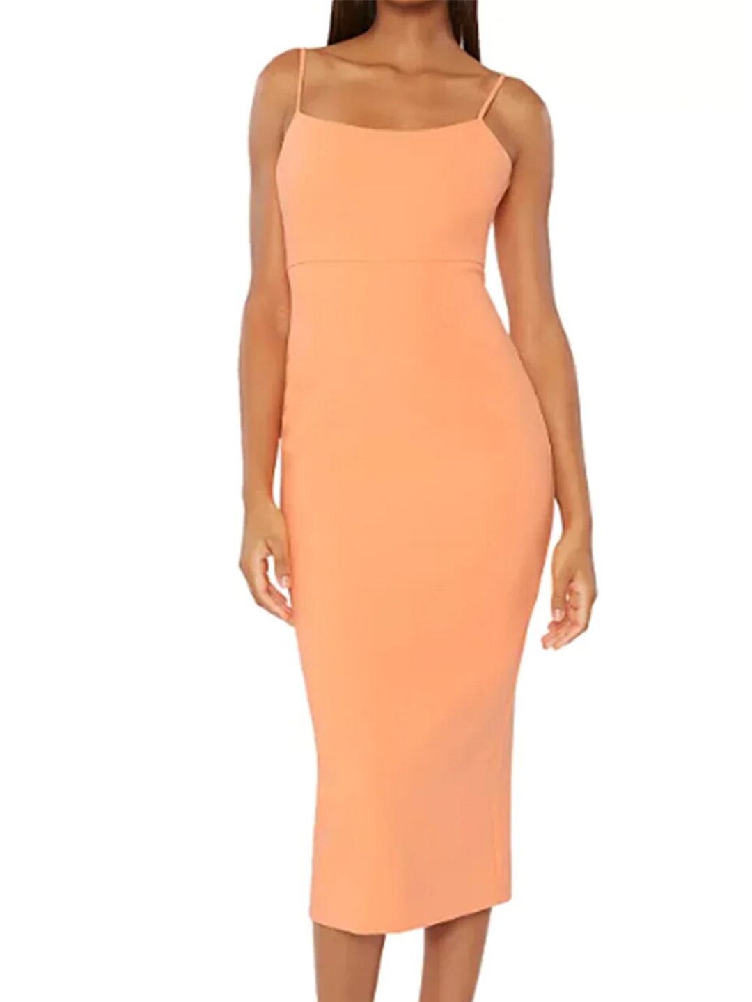 

Styched Shoulder Straps Cotton Bodycon Midi Dress, Orange