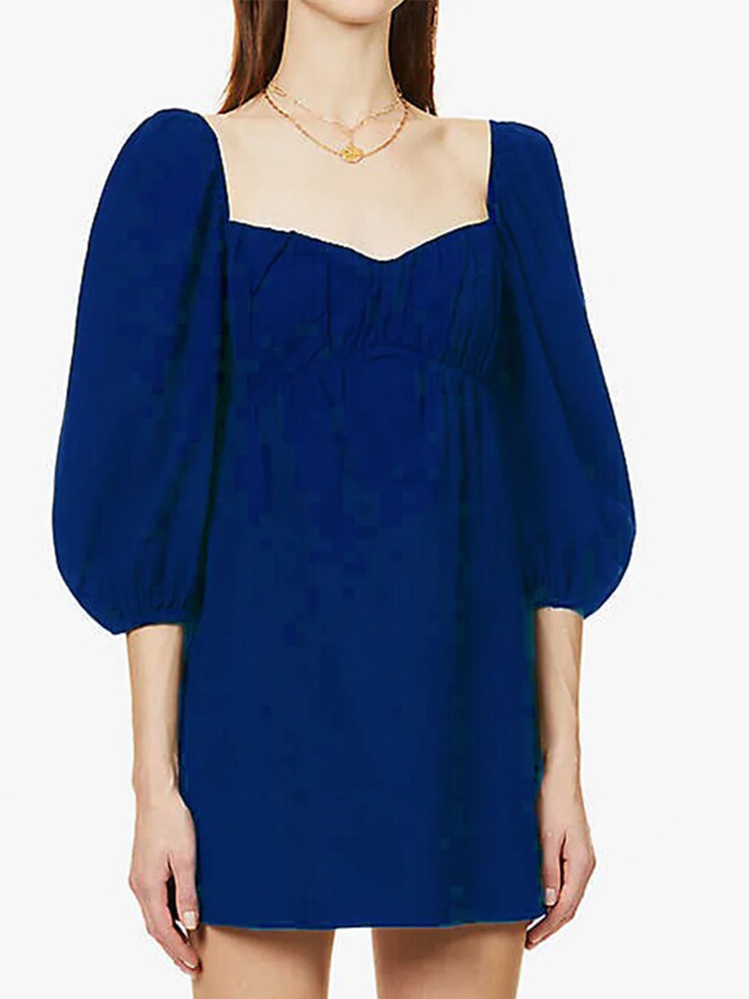 

Styched Sweetheart Neck Puff Sleeve Cotton A-Line Dress, Blue