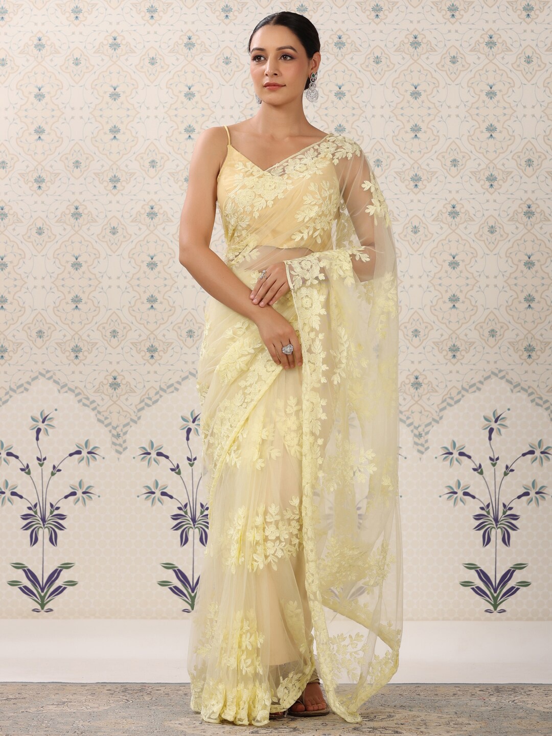 

Ode by House of Pataudi Cream Floral Embroidered Net Saree