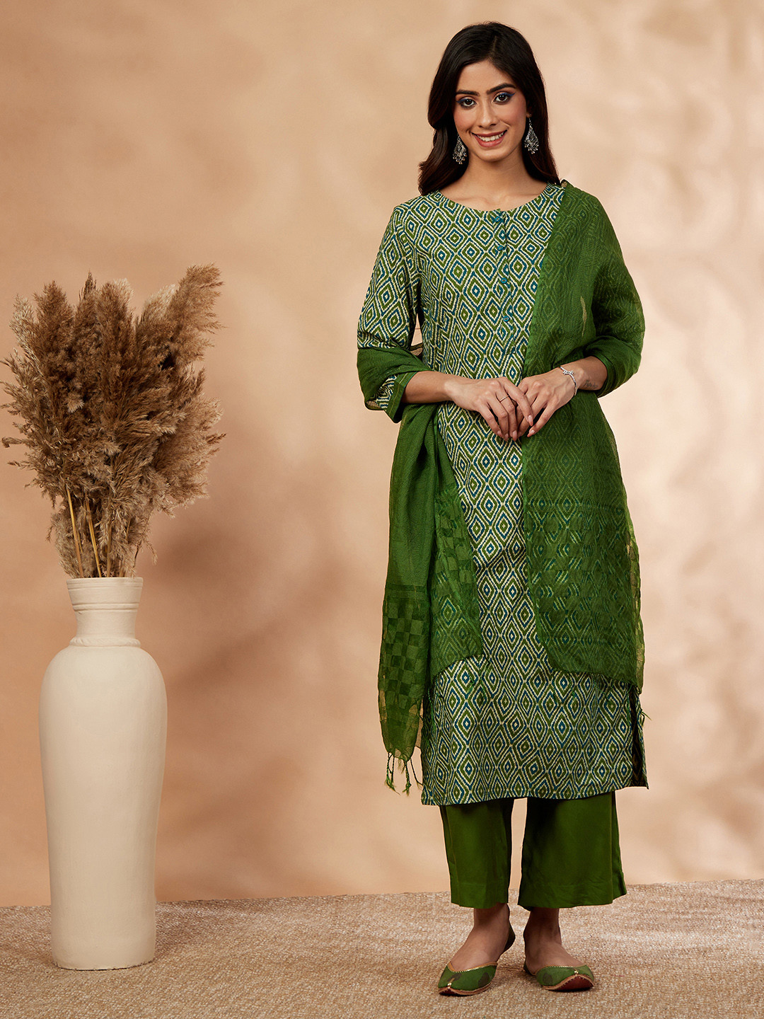 

IMARA Geometric Printed Regular Kurta with Palazzos & Dupatta, Green