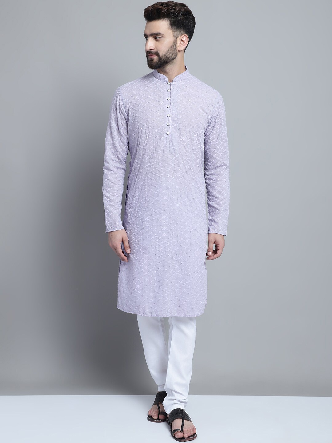 

TREEMODA Floral Embroidered Mandarin Collar Cotton Straight Kurta, Lavender