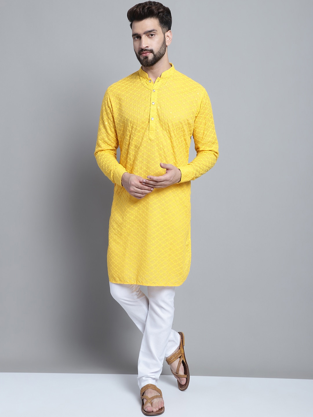 

TREEMODA Embroidered Mandarin Collar Casual Straight Kurta, Yellow