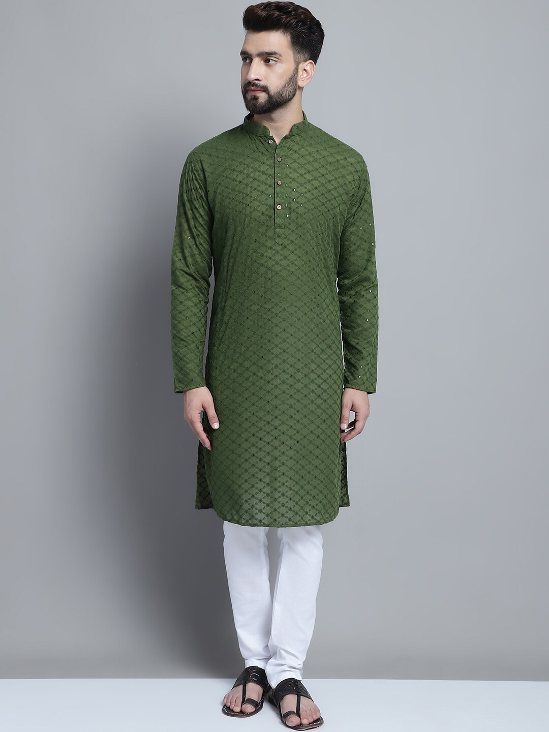 

TREEMODA Embroidered Mandarin Collar Casual Straight Kurta, Olive
