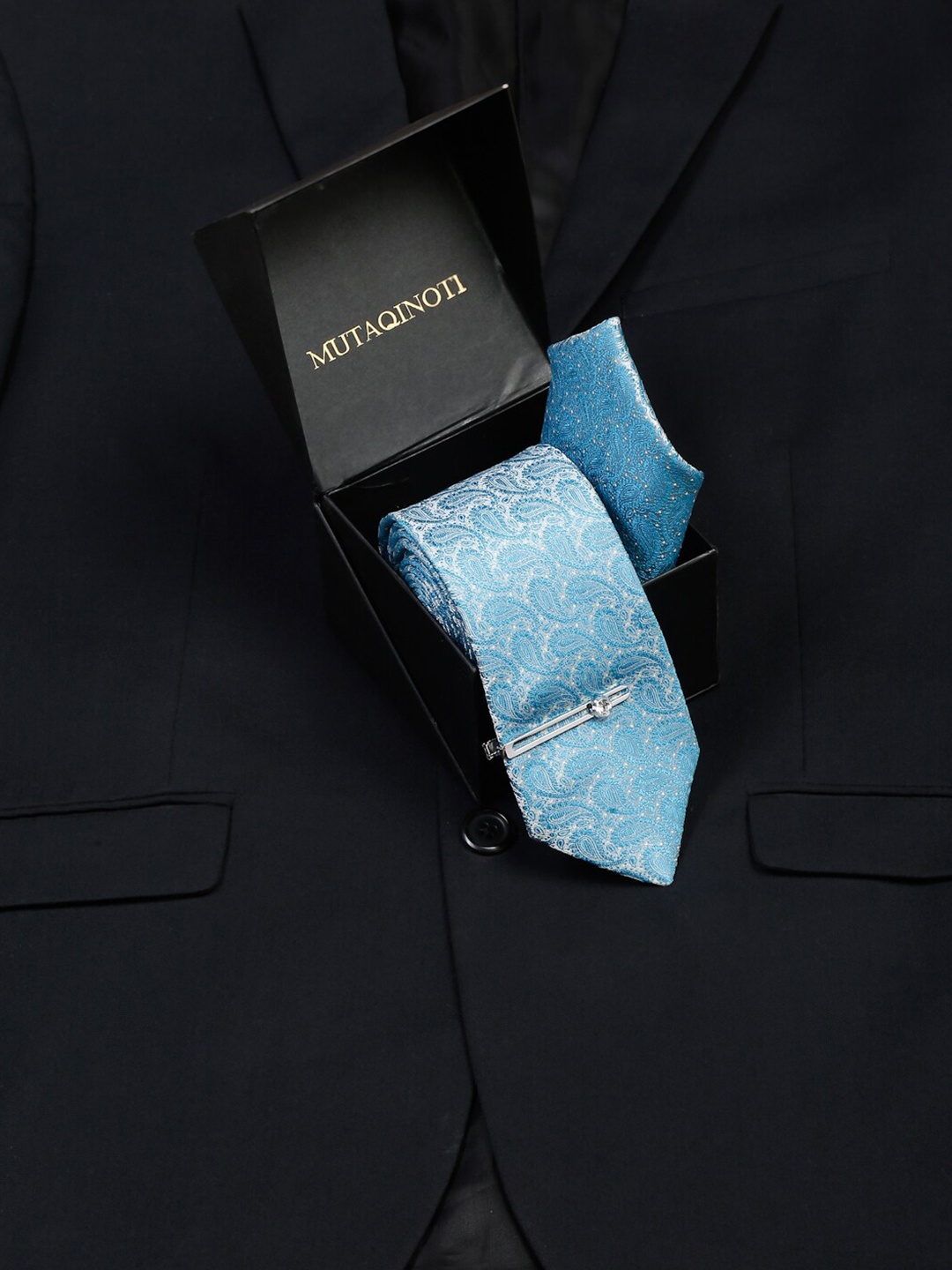 

MUTAQINOTI Men Silk Necktie Accessory Gift Set, Blue