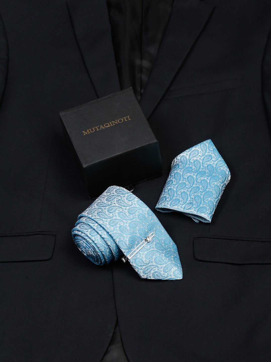 

MUTAQINOTI Men Printed Silk Neck Tie Accessory Gift Set, Blue