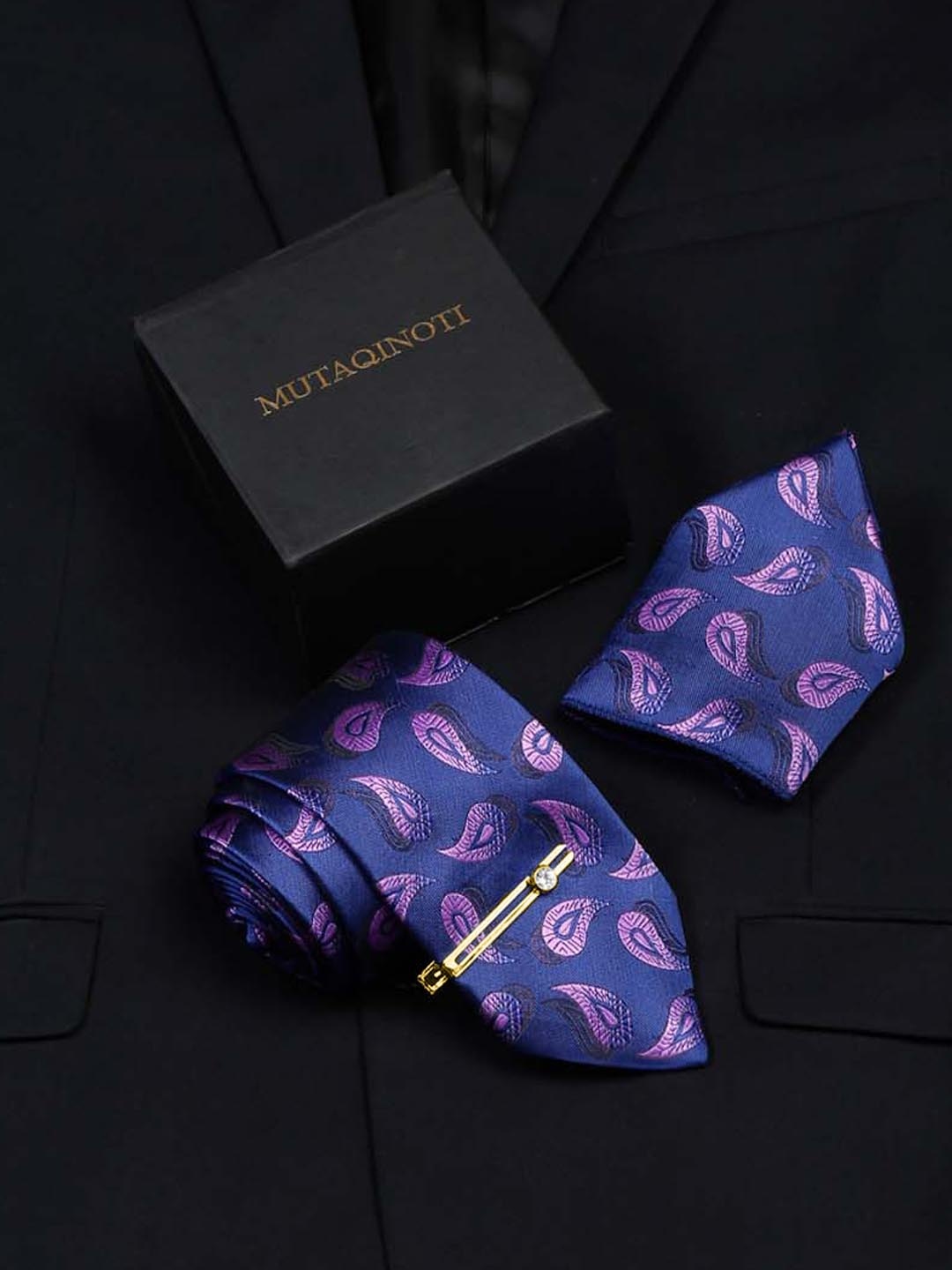 MUTAQINOTI Men Printed Micro Silk Formal Accessory Gift set, Blue