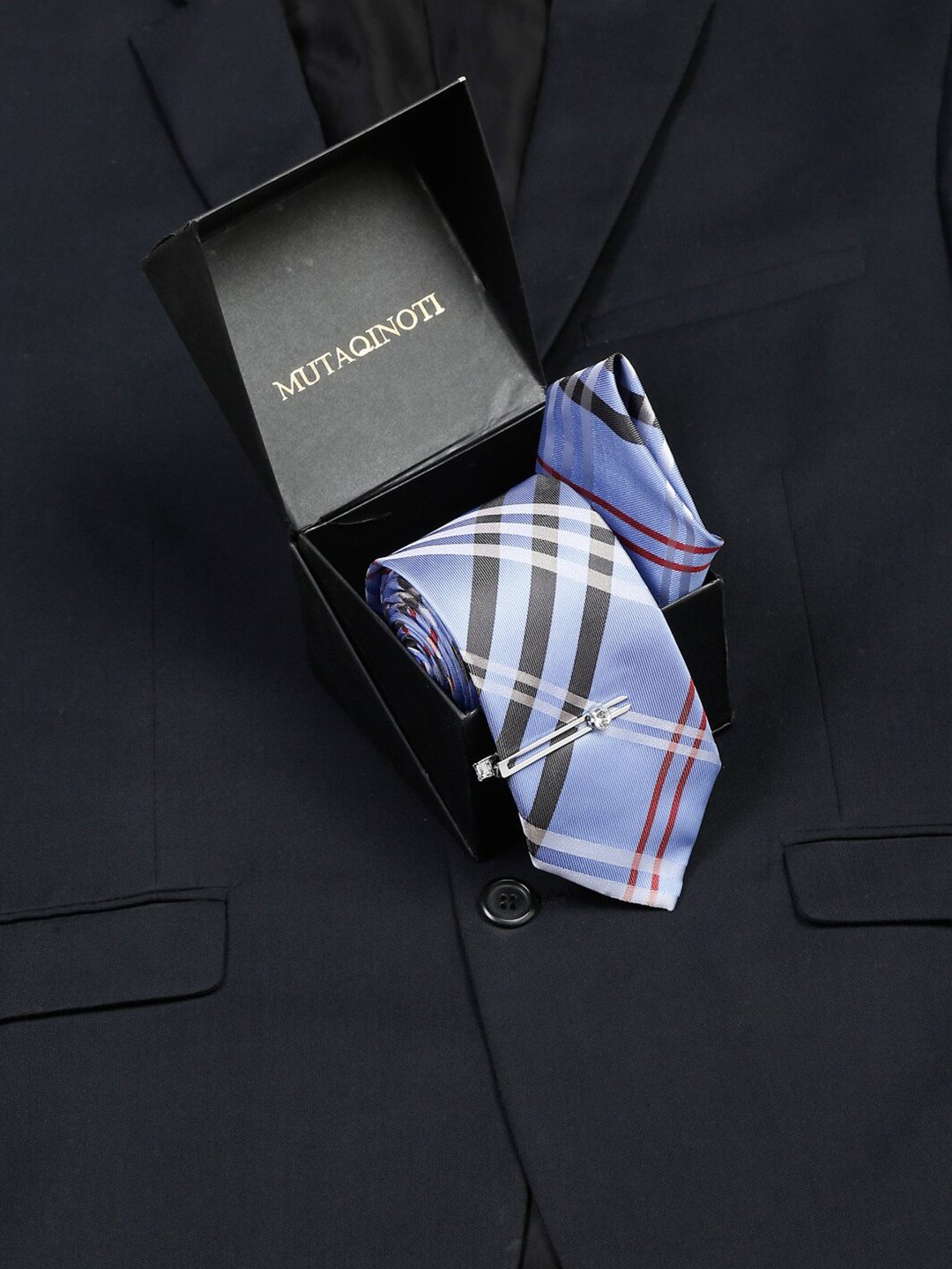 

MUTAQINOTI Men Checked Silk Necktie Accessory Gift Set, Blue