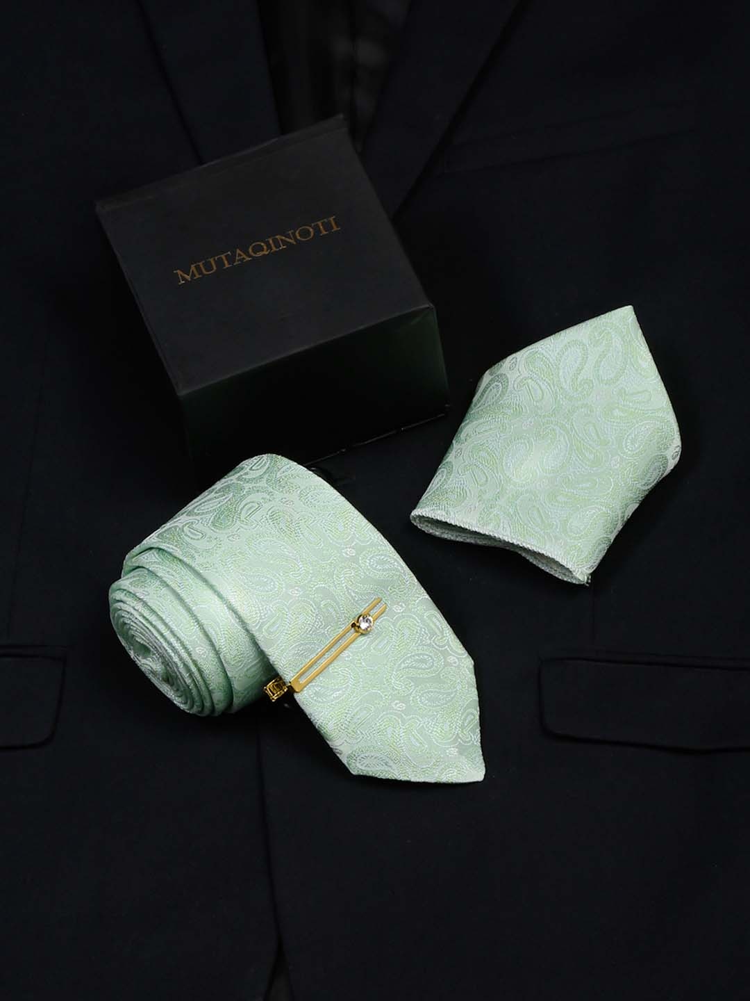 

MUTAQINOTI Men Printed Silk Blend Necktie Accessory Gift Set, Green