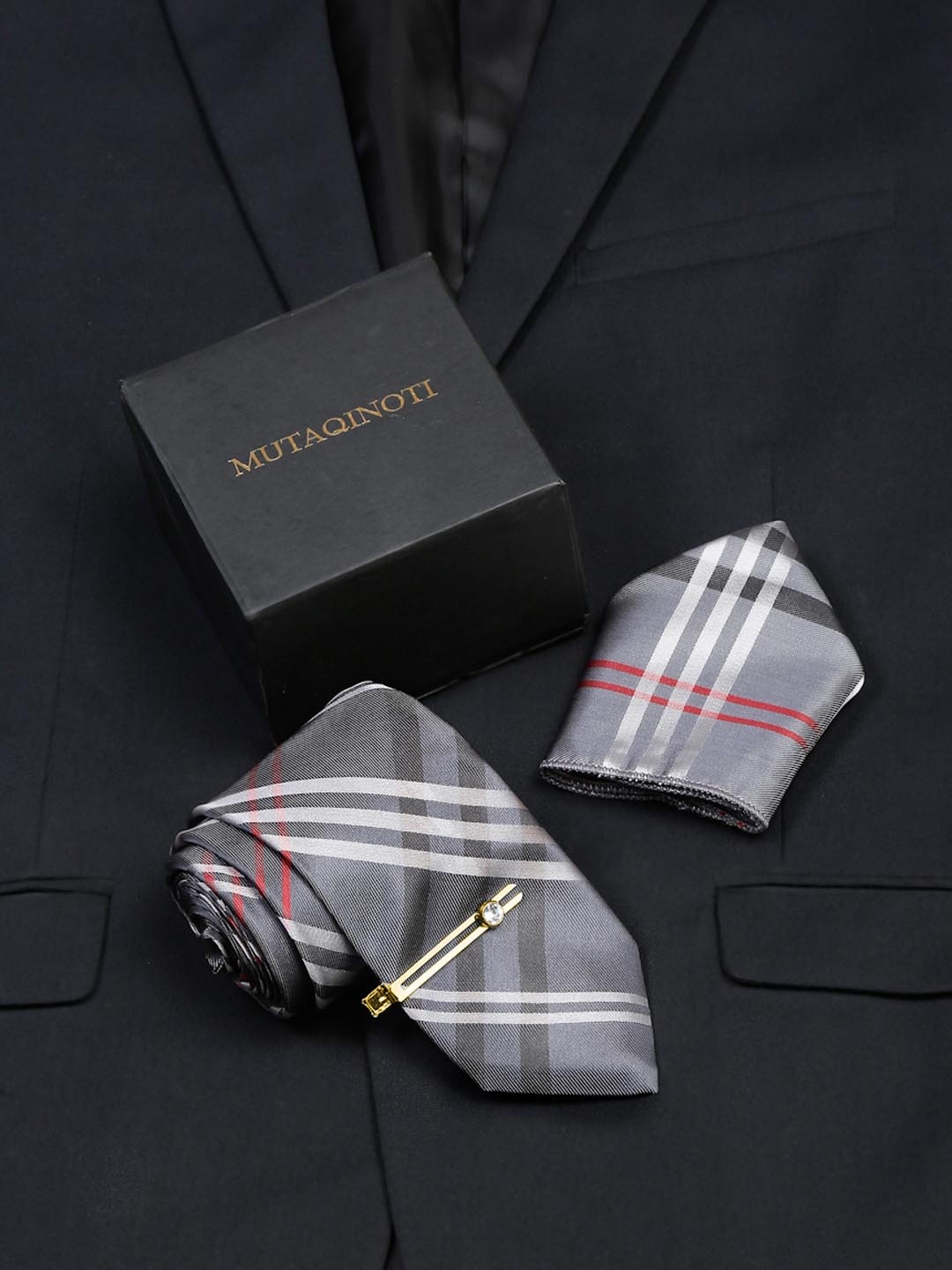 

MUTAQINOTI Men Micro Silk Necktie Accessory Gift Set, Grey