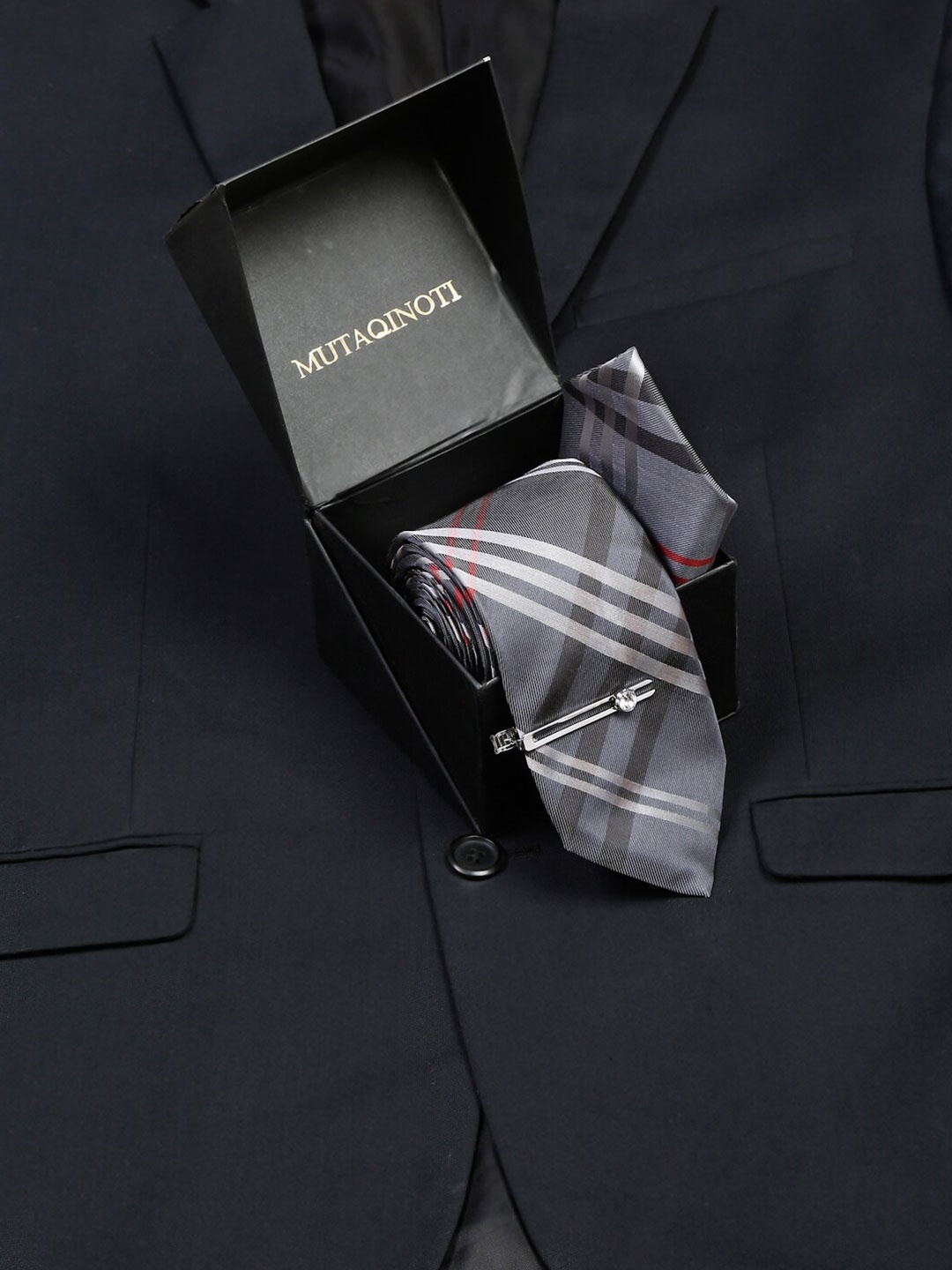 MUTAQINOTI Men Checked Micro Silk Necktie Accessory Gift Set, Grey