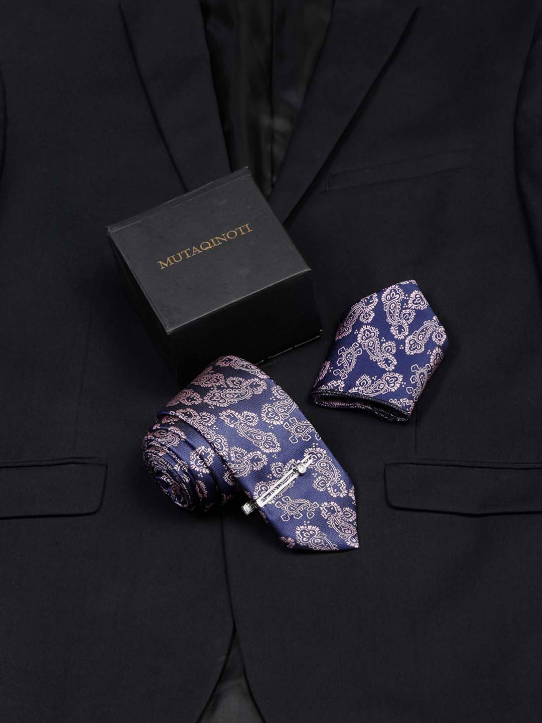 

MUTAQINOTI Men Printed Silk Necktie Accessory Gift Set, Navy blue