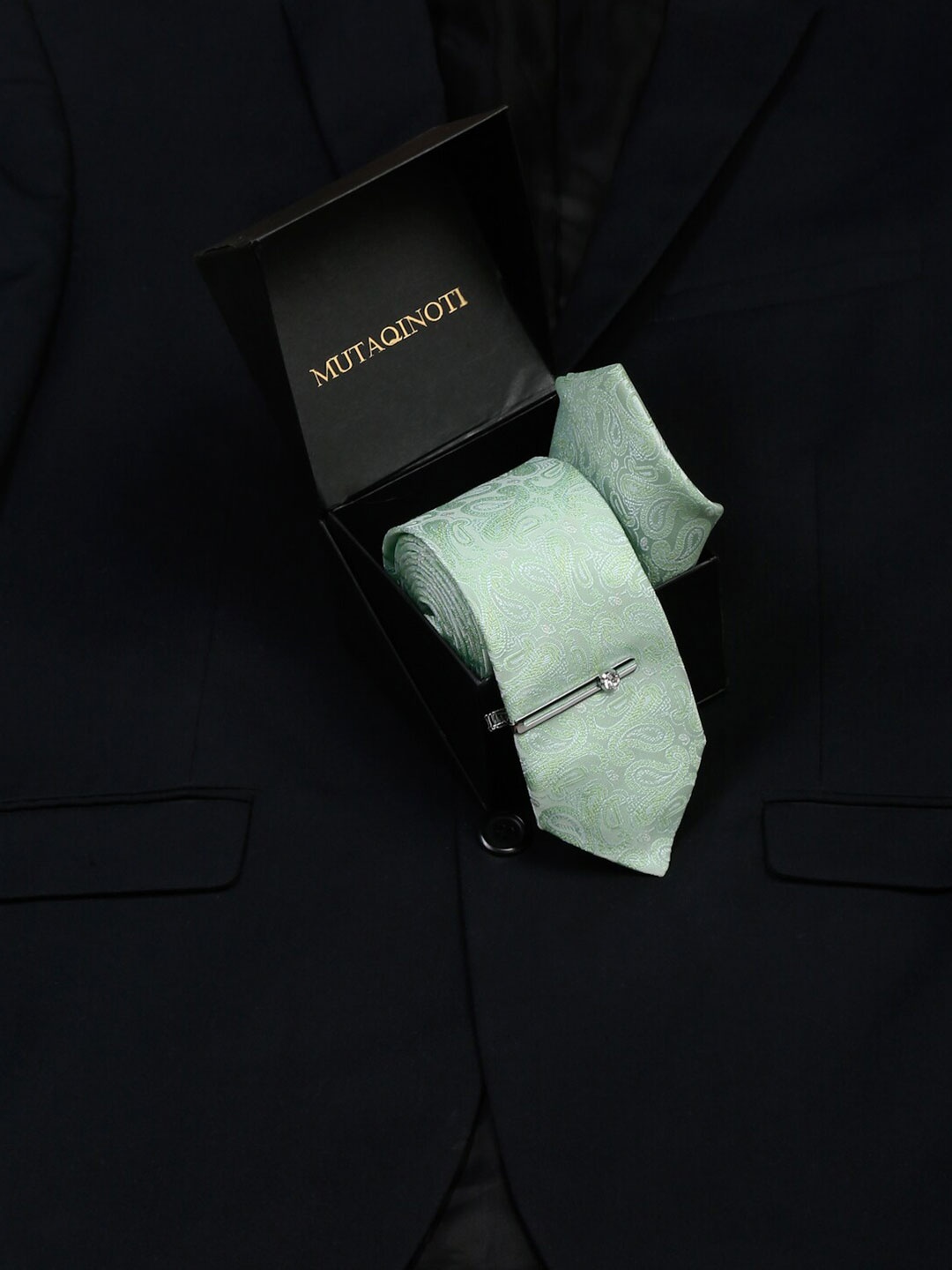 

MUTAQINOTI Men Paisley Woven Design Micro Silk Formal Accessory Gift Set, Green
