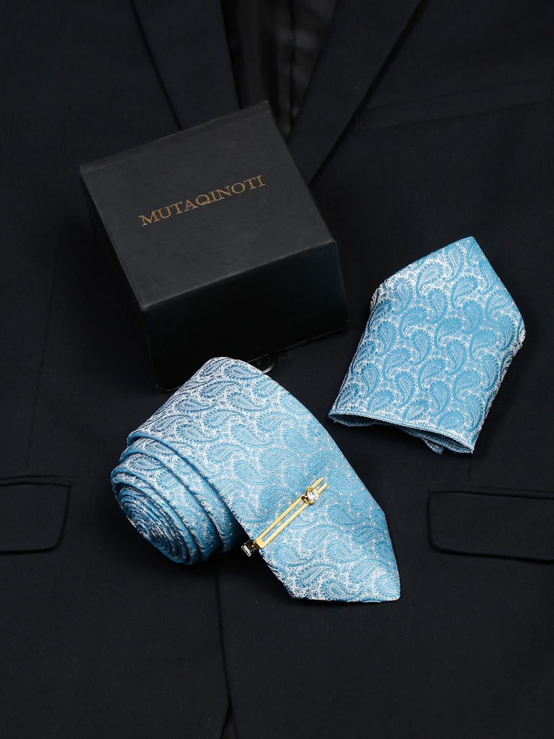 

MUTAQINOTI Men Micro Silk Necktie Accessory Gift Set, Blue