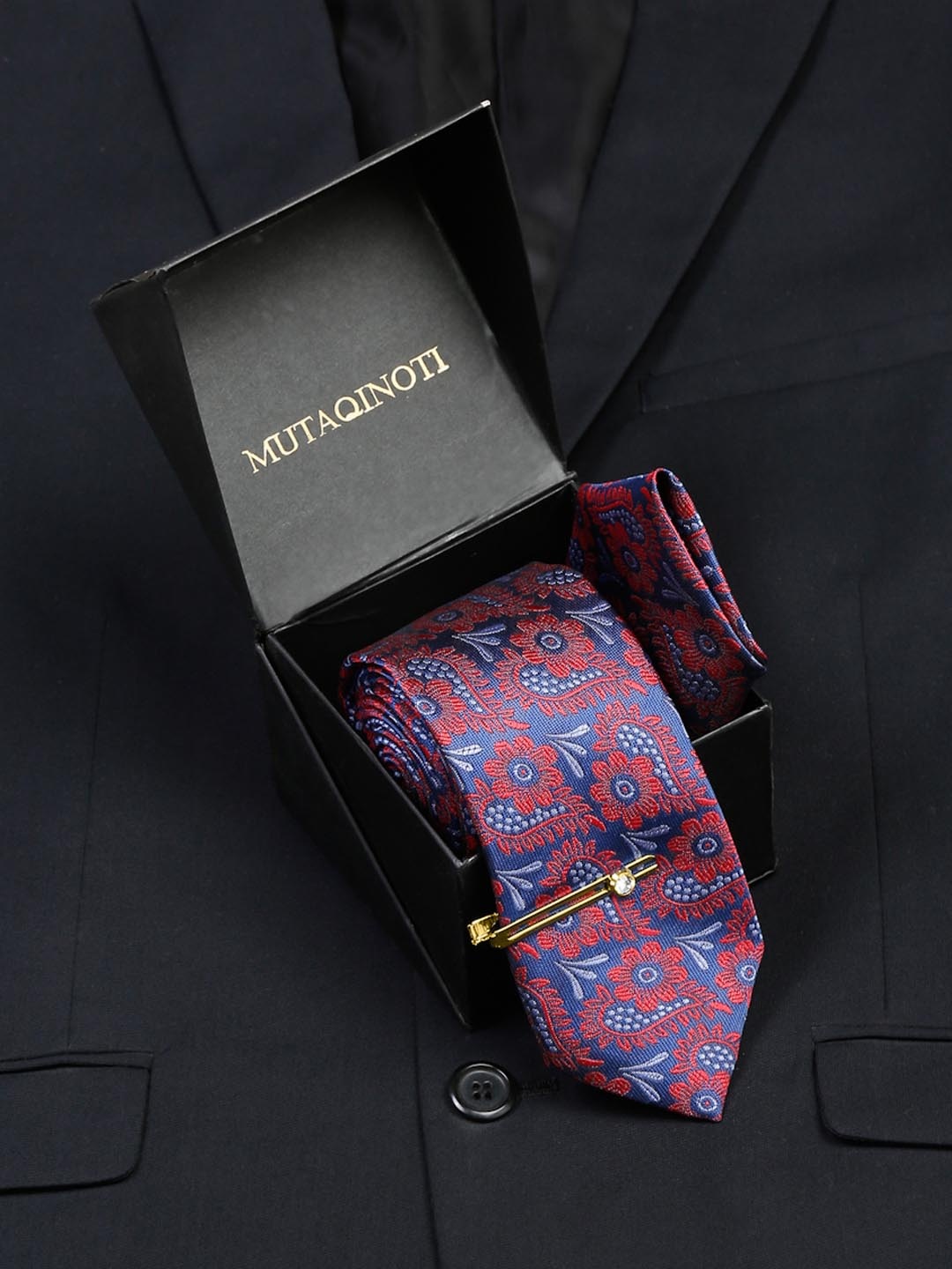 

MUTAQINOTI Men Printed Silk Blend Necktie Accessory Gift Set, Red