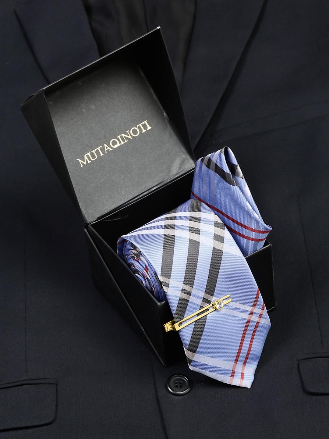 

MUTAQINOTI Men Printed Silk Accessory Gift Set, Blue