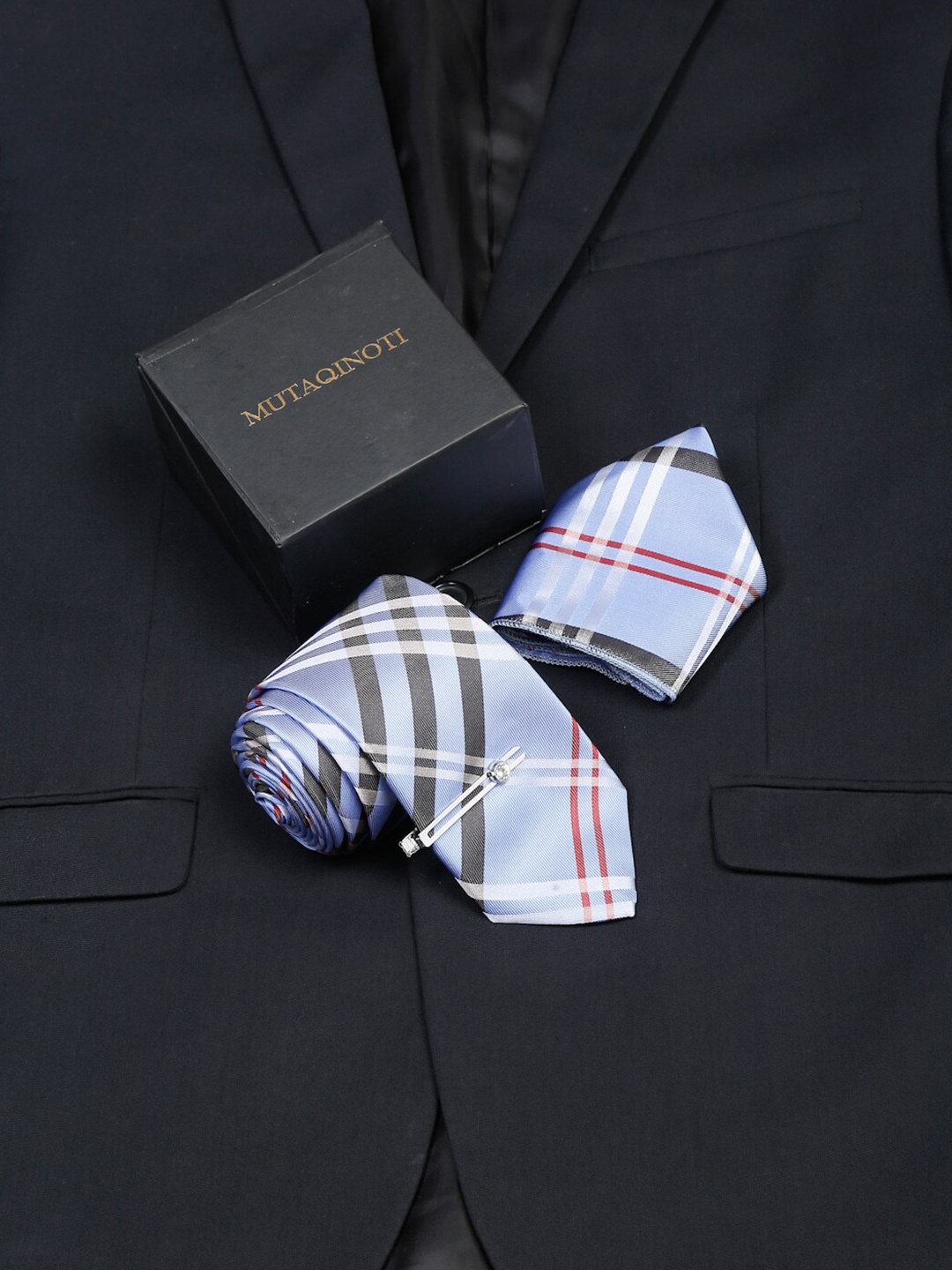 

MUTAQINOTI Men Checked Micro Silk Accessory Gift Set, Blue