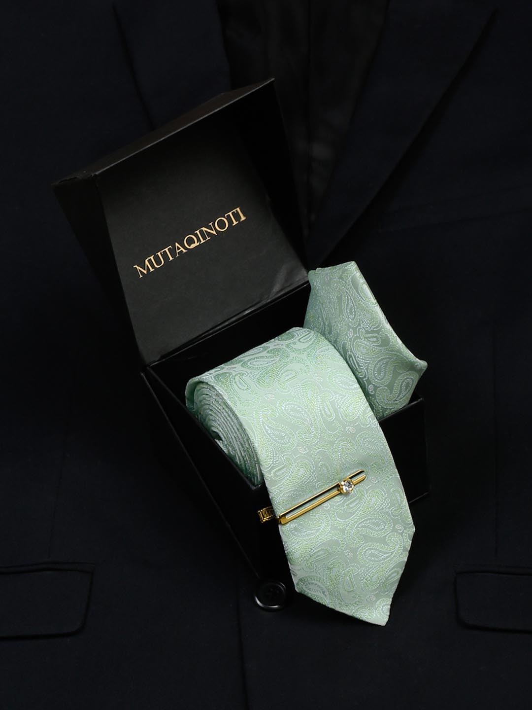 

MUTAQINOTI Men Woven Design Micro Silk Necktie Accessory Gift Set, Green