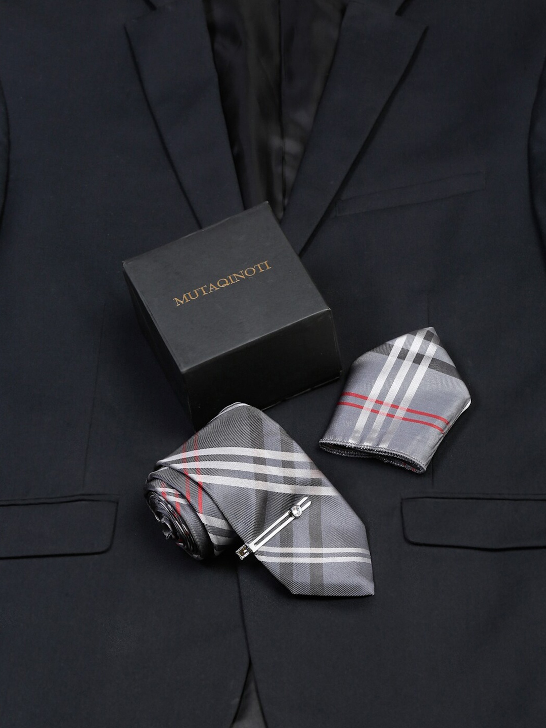 

MUTAQINOTI Printed Silk Neck Tie Accessory Gift Set, Grey