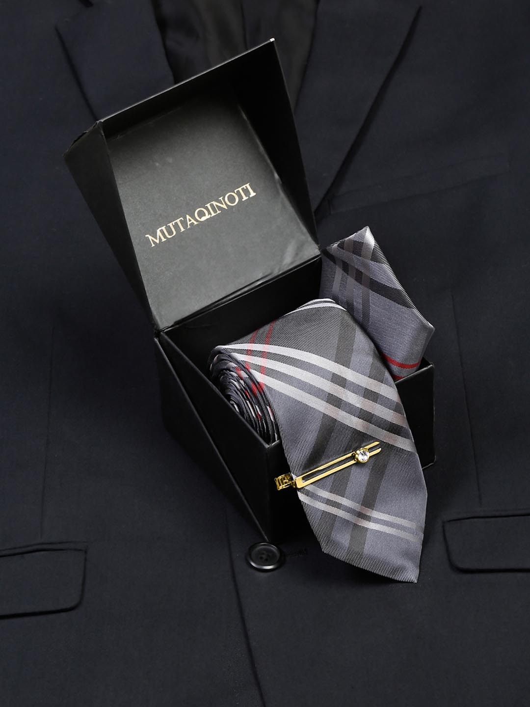 

MUTAQINOTI Men Printed Silk Blend Necktie Accessory Gift Set, Grey