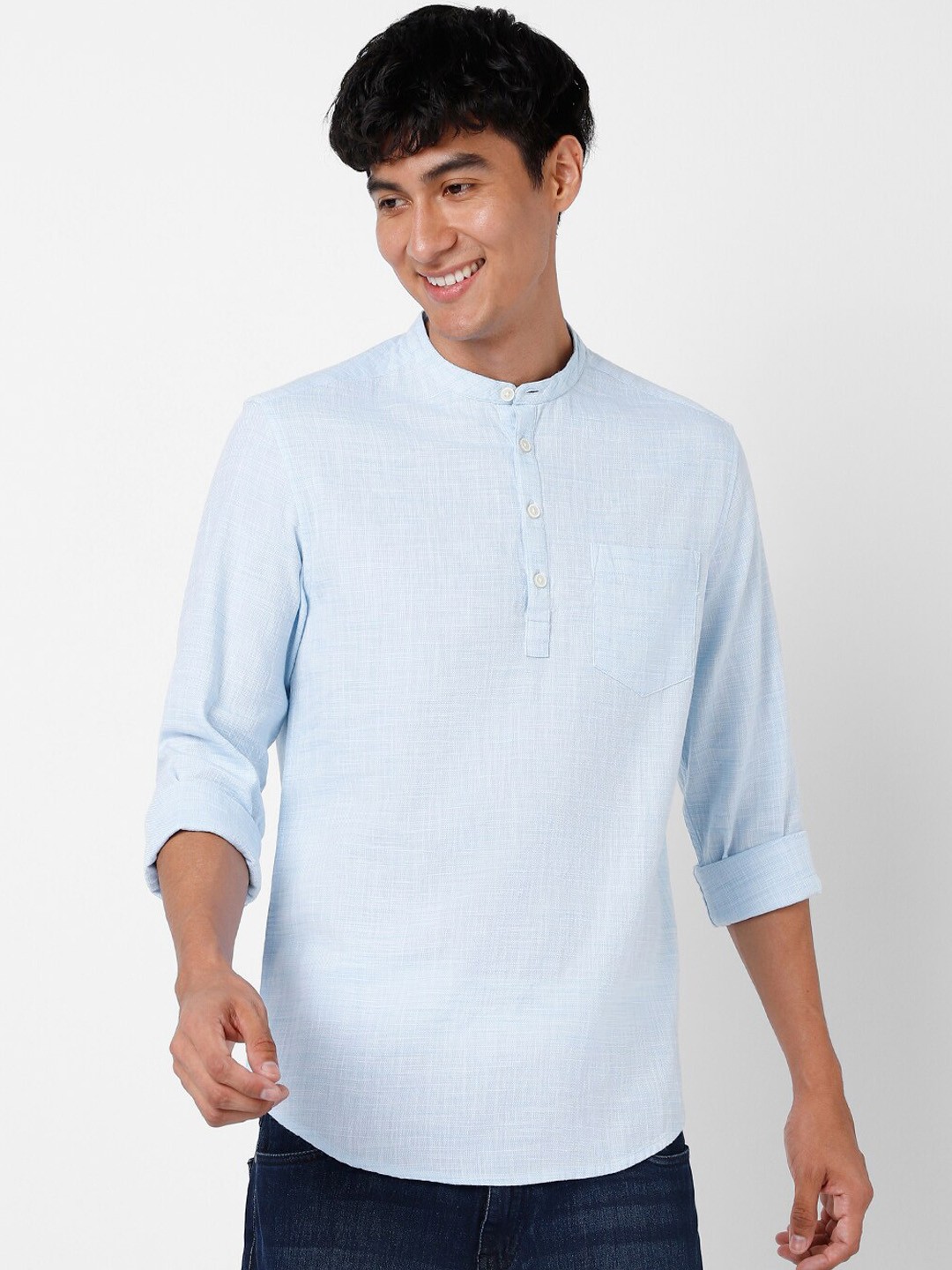 

VASTRADO Band Collar Cotton Kurta, Blue