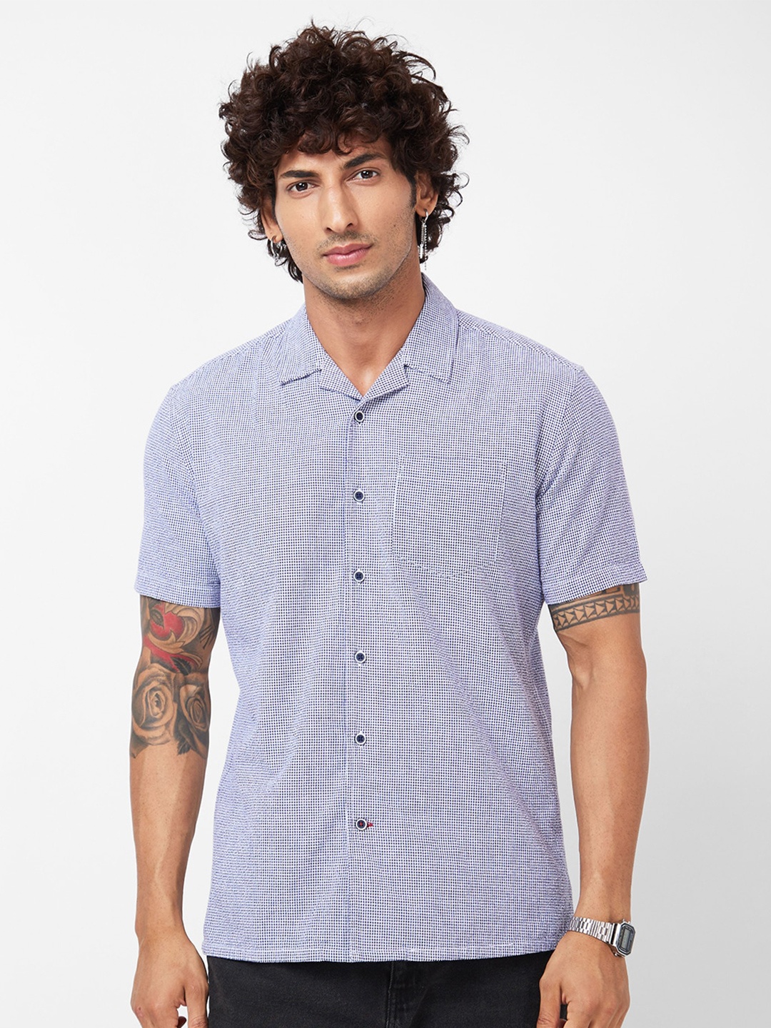 

VASTRADO Micro Checked Cotton Casual Shirt, Navy blue