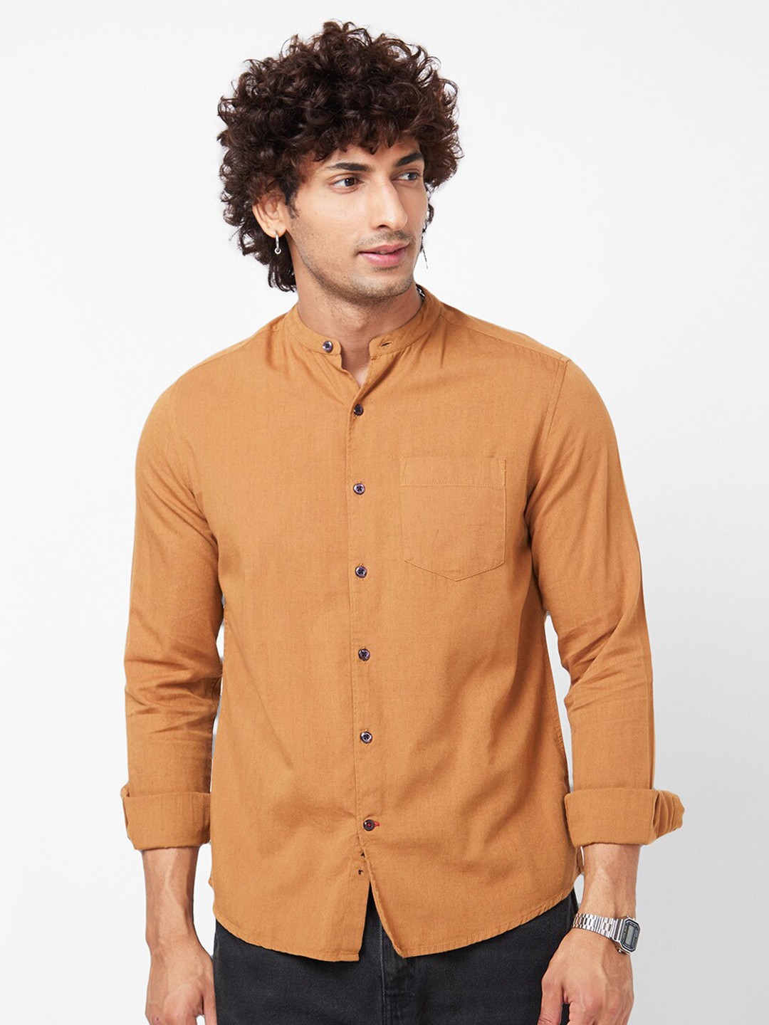 

VASTRADO Mandarin Collar Cotton Casual Shirt, Brown