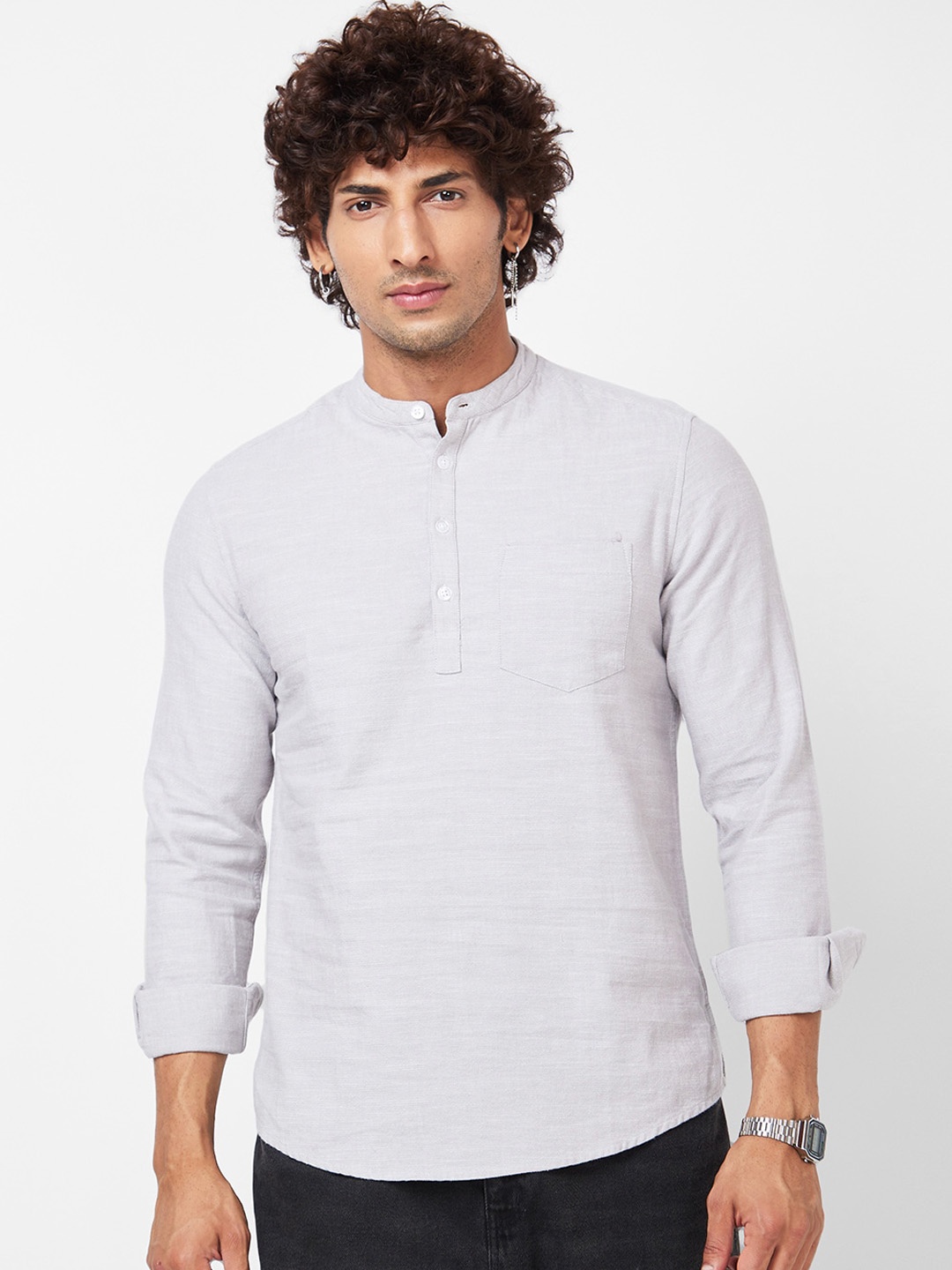 

VASTRADO Band Collar Cotton Straight Kurta, Grey