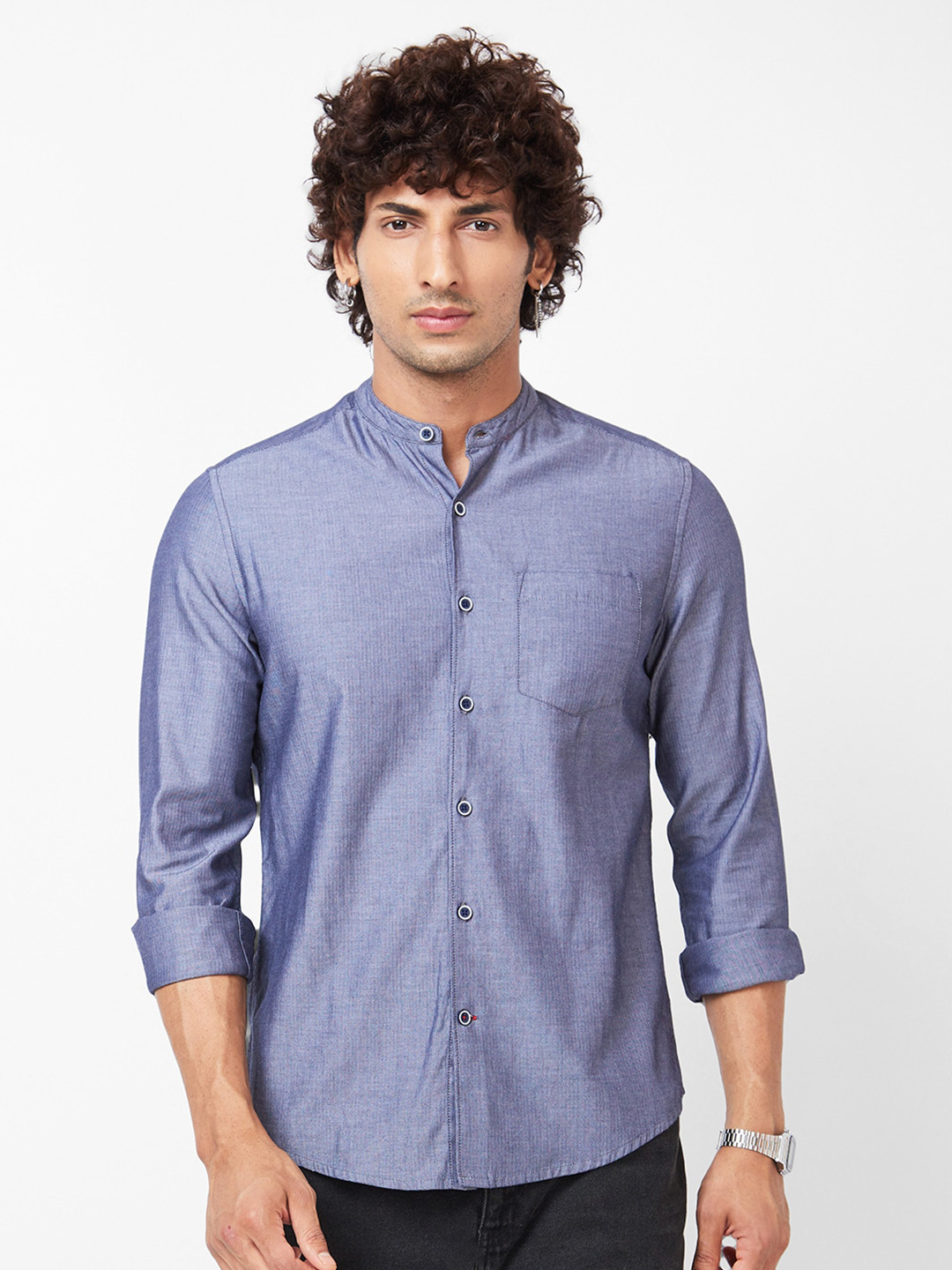 

VASTRADO Cotton Mandarin Collar Shirt, Blue