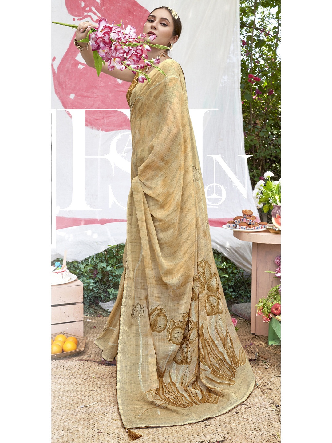 

Triveni Floral Printed Beads and Stones Pure Chiffon Saree, Beige