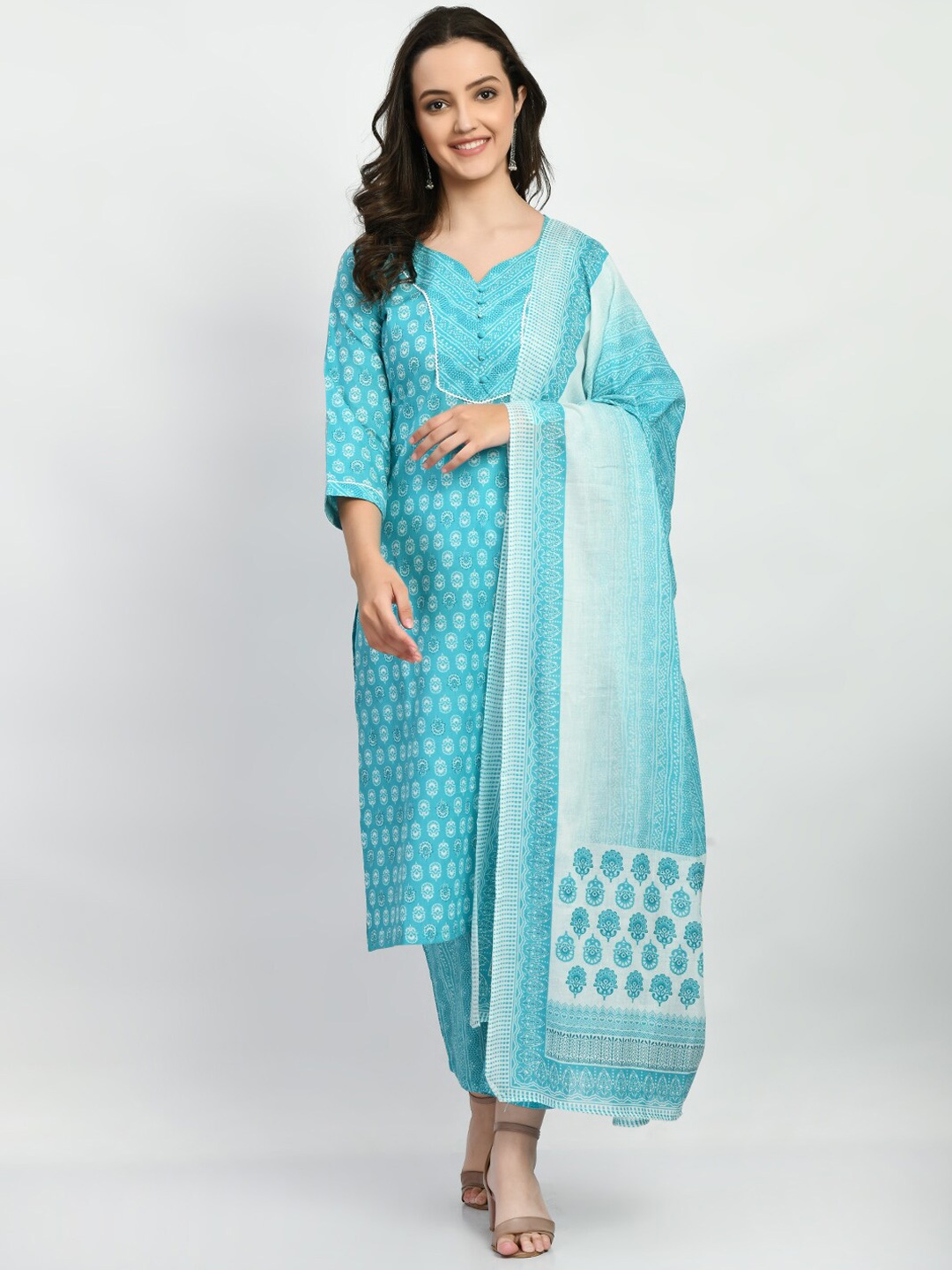 

Akshatani Ethnic Motifs Printed Regular Pure Cotton Kurta with Trousers & With Dupatta, Blue