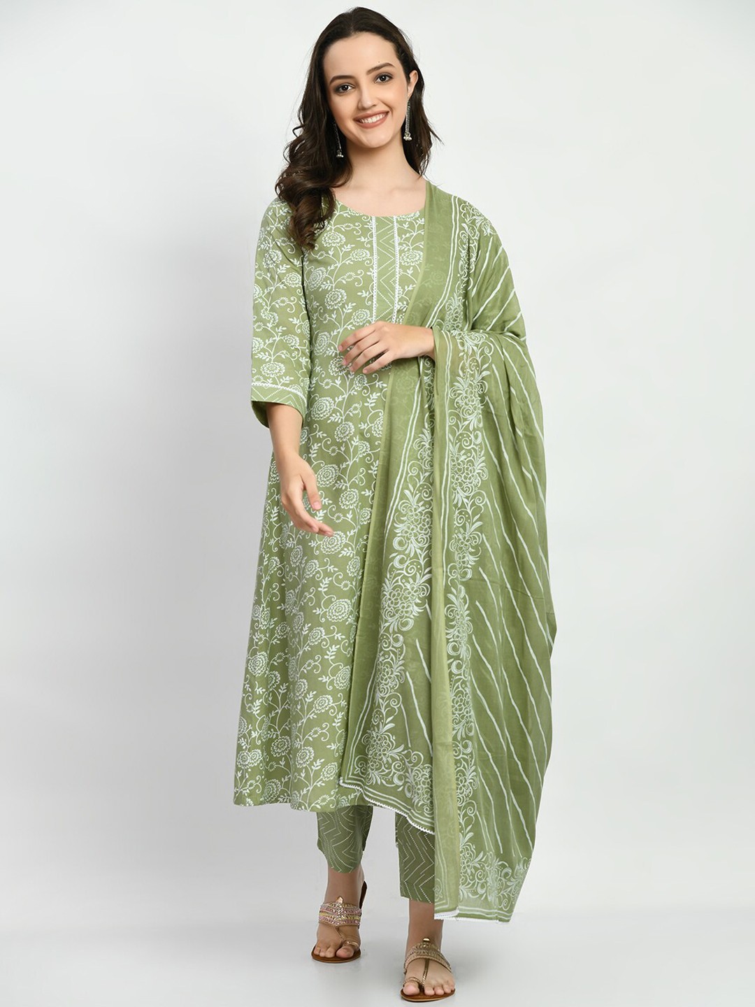 

Akshatani Floral Printed A-Line Pure Cotton Kurta with Trousers & With Dupatta, Olive