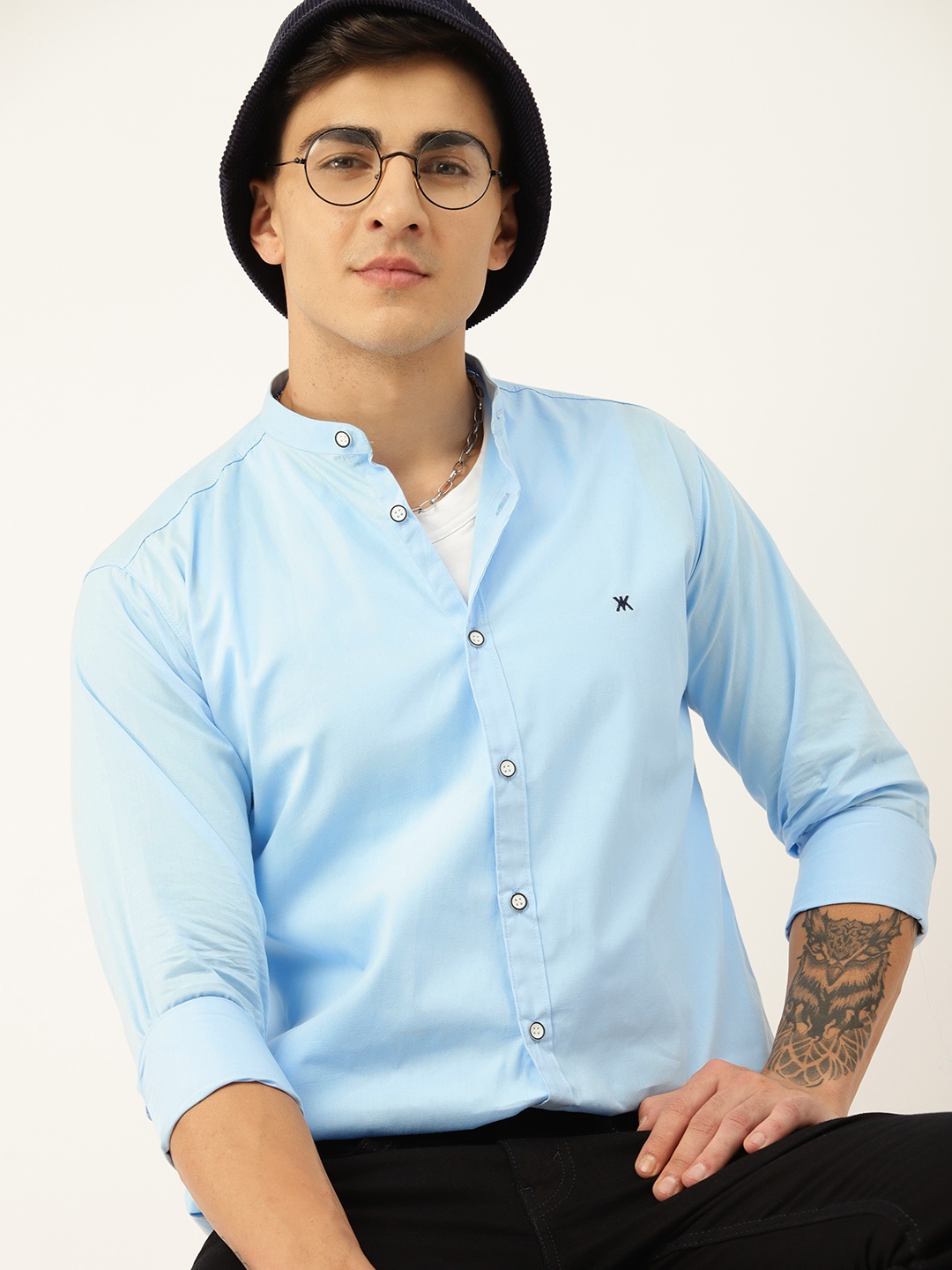 

Kook N Keech Men Relaxed Band Collar Casual Shirt, Turquoise blue
