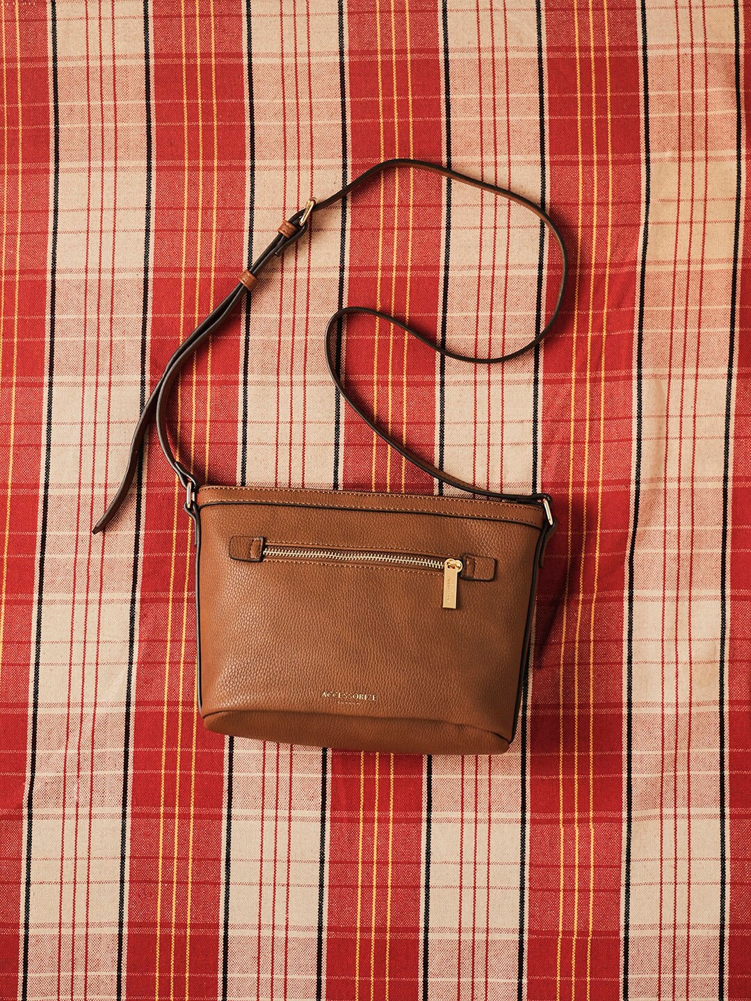 Accessorize London Women Faux Leather Top Zip Sling Bag, Brown